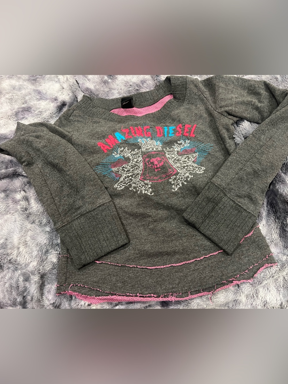 Diesel Gray Kids Logo Crewneck Sweater with Pink and Blue Accents